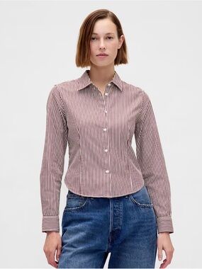 GAP Organic Cotton Fitted Crop maroon & White Vertical-Stripe Button-Down Shirt